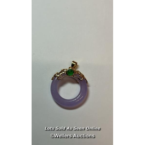 186 - Lavander jade and green pendant with gold plated fittings. Length 4cm. / SF