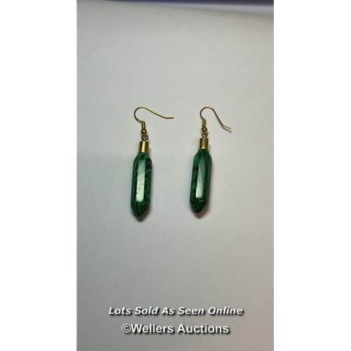 187 - A pair of malachite simulant and gold plated hook earings. Length of drop 5.5cm / SF