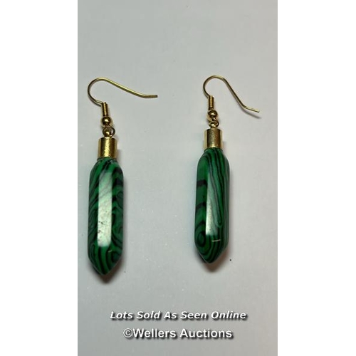 187 - A pair of malachite simulant and gold plated hook earings. Length of drop 5.5cm / SF