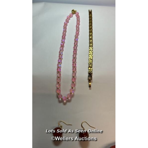 189 - Push composite glass beaded necklace, length 23cm, beads 8mm, and a pair of red hardstone camelian e... 