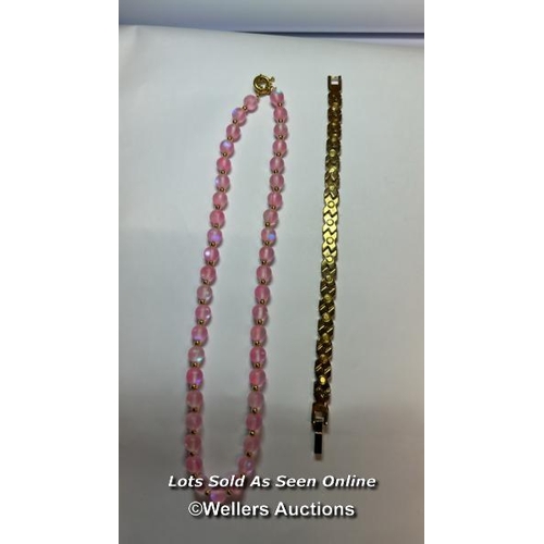 189 - Push composite glass beaded necklace, length 23cm, beads 8mm, and a pair of red hardstone camelian e... 