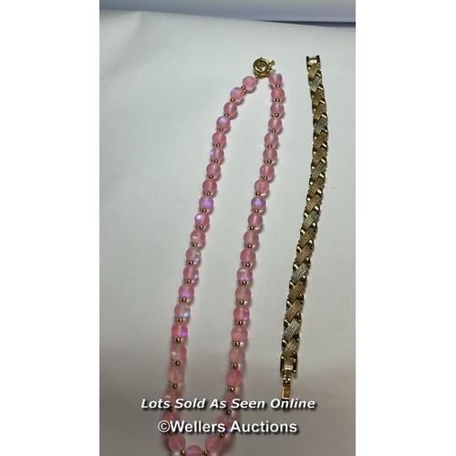 189 - Push composite glass beaded necklace, length 23cm, beads 8mm, and a pair of red hardstone camelian e... 