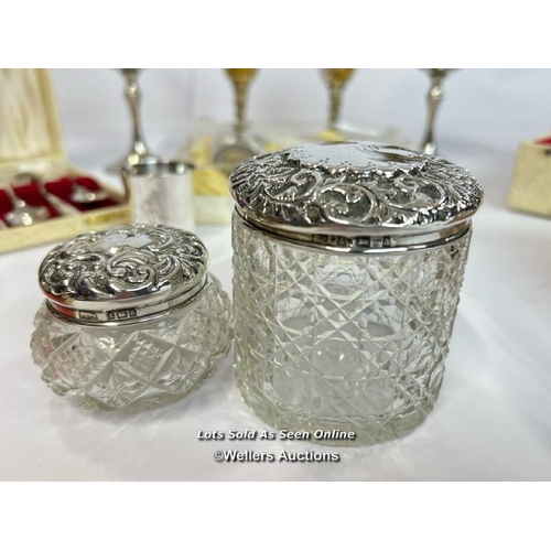 47 - Two hallmarked silver top dressing table jars c1930, siver weight 29g, with variouse silver plate it... 