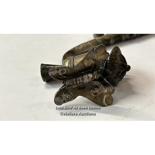 56 - A vintage metal pipe, decorated with a butterfly, 27cm long / AN12