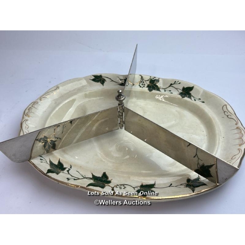 59 - A pair of silve plate asparagus tongs and asparagus dish with a meatal three armed sandwich separato... 