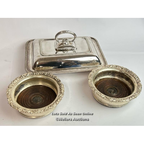 61 - A silver plate serving dish by Mappin & Webb with two old metal bowls