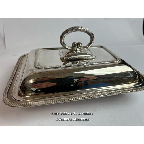 61 - A silver plate serving dish by Mappin & Webb with two old metal bowls