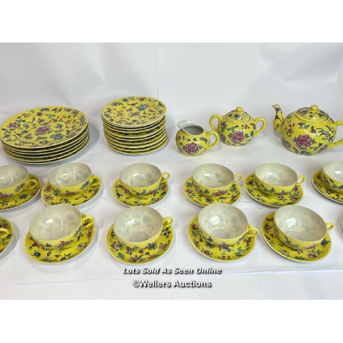 62 - Vintage Chinese fourty five piece tea service, hand painted yellow with flowers / AN13