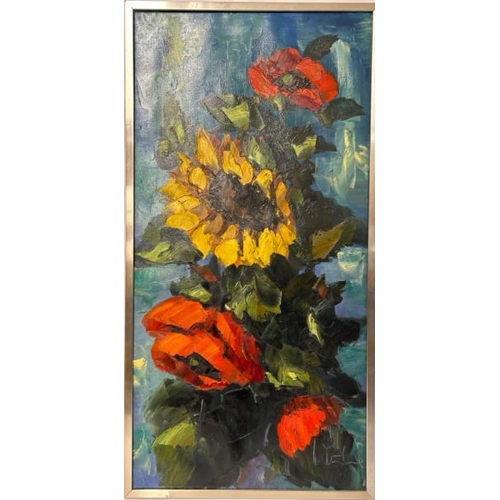 114 - Still life painting of flowers, oil on canvas, signed, 40 x 81cm / AN59