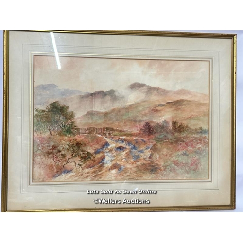 141 - Harry Woods (1842 - 1921) watercolour landscape of a stream with hills, signed, 55 x 38cm