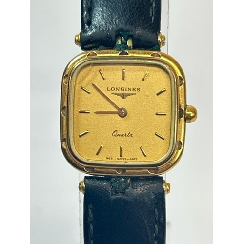 219 - Vintage Longines gold plated wristwatch no.21712443 with quartz movement on black leather strap / SF