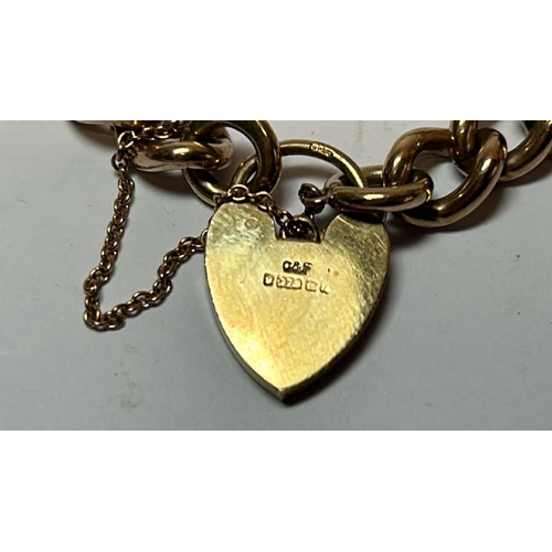 223 - 9ct hallmarked gold solid curls link bracelet with heart shaped padlock, clasp and safety chain. Len... 