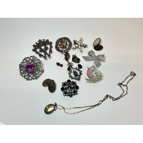 225 - Quantity of costume jewellery including silver locket and chain, silver hallmarked brooches, paste s... 