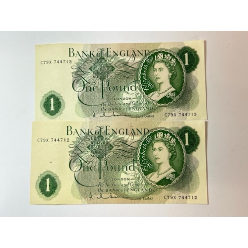 227 - Two bank of England pound notes with consecutive serial numbers, C79X 744712 & C79X 744713, both in ... 