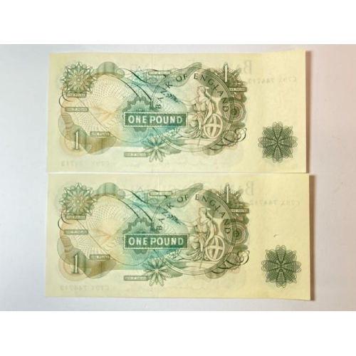 227 - Two bank of England pound notes with consecutive serial numbers, C79X 744712 & C79X 744713, both in ... 