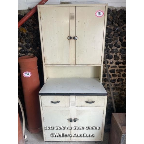 131 - 1960'S METAL KITCHEN CABINET, INCL. VARIOUS TEAPOTS AND KETTLES, 187CM (H) X 85CM (W) X 51CM (D)