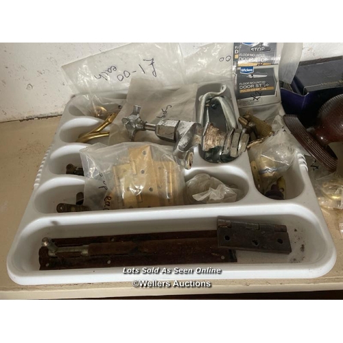 141 - LARGE QUANTITY OF ASSORTED DOOR FURNITURE INCL. HINGES, LOCKS AND MORE