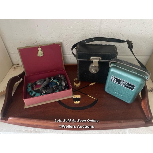 149 - VINTAGE INLAID TEA TRAY, BOX OF COSTUME JEWELLERY AND A COWLEY AUTOMATIC LEVEL