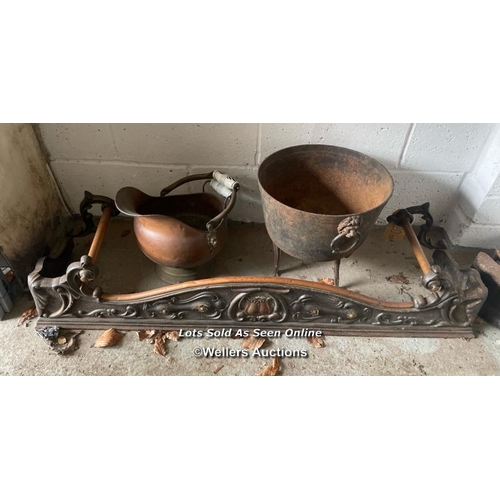 151 - HEAVY CAST IRON POT, CAST IRON FENDER 120CM (W) X 25CM (H) X 30CM (D), COAL SCUTTLE, AND GRATE