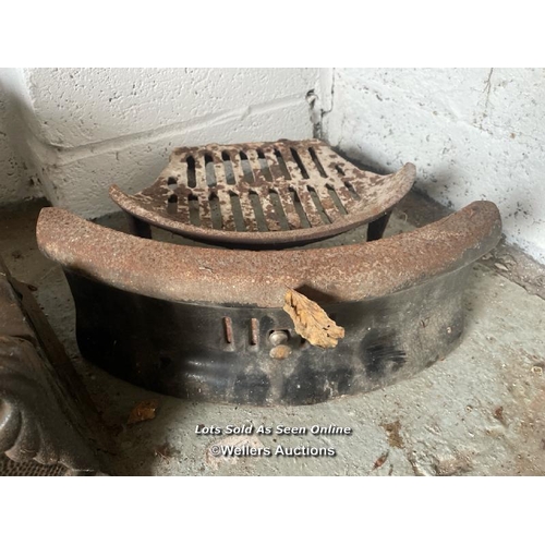 151 - HEAVY CAST IRON POT, CAST IRON FENDER 120CM (W) X 25CM (H) X 30CM (D), COAL SCUTTLE, AND GRATE