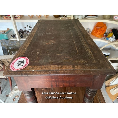 154 - OAK SIDE TABLE WITH TWO DRAWERS AND LEATHER INSERT, 75CM (H) X 94CM (W) X 50CM (D)