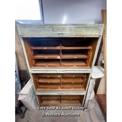 160 - HABERDASHERY CABINET, ONE DAMAGED PANE OF GLASS, 165.5CM (H) X 100CM (W) X 48CM (D)