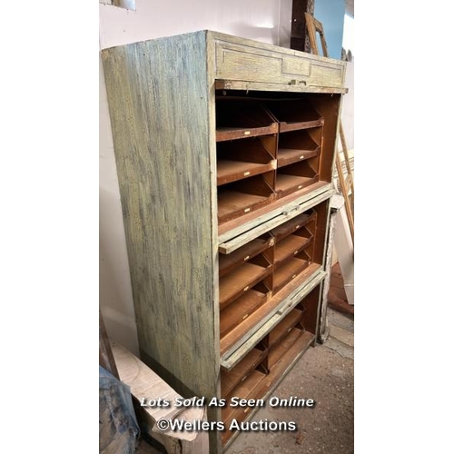 160 - HABERDASHERY CABINET, ONE DAMAGED PANE OF GLASS, 165.5CM (H) X 100CM (W) X 48CM (D)