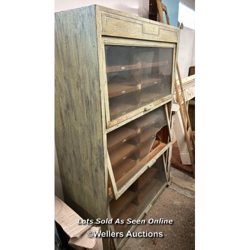 160 - HABERDASHERY CABINET, ONE DAMAGED PANE OF GLASS, 165.5CM (H) X 100CM (W) X 48CM (D)