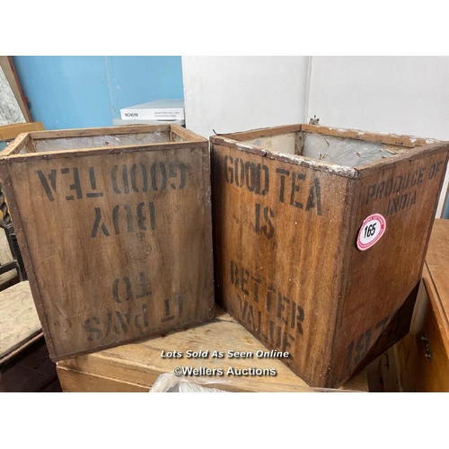 165 - 2X WOODEN CRATES, ONE PRINTED AS PHILIBARI UK 149, GOOD TEA IS BETTER VALUE, 60CM (H) X 50CM (W) X 4... 