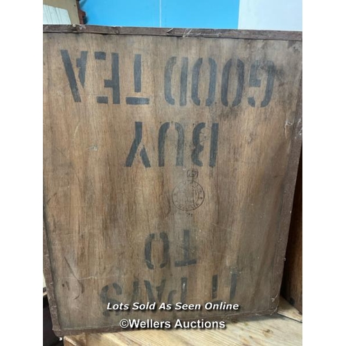 165 - 2X WOODEN CRATES, ONE PRINTED AS PHILIBARI UK 149, GOOD TEA IS BETTER VALUE, 60CM (H) X 50CM (W) X 4... 