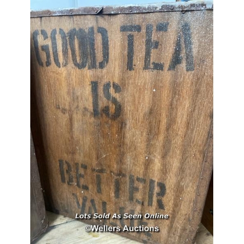 165 - 2X WOODEN CRATES, ONE PRINTED AS PHILIBARI UK 149, GOOD TEA IS BETTER VALUE, 60CM (H) X 50CM (W) X 4... 