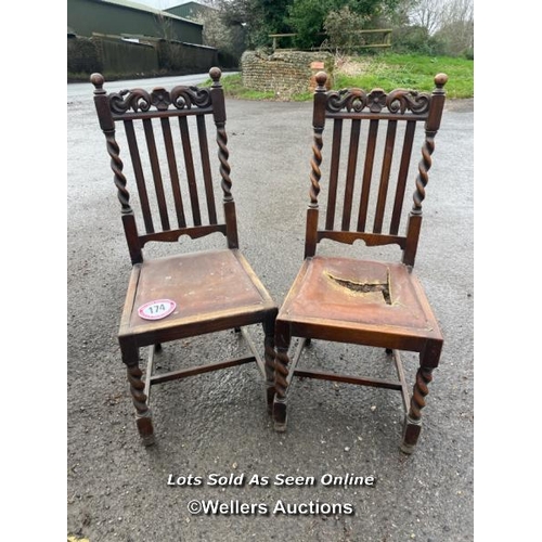 174 - PAIR OF MATCHING DINING ROOM CHAIRS WITH LEATHER UPHOLSTERY AND BARLEY TWIST FRAME, 107CM (H) X 45CM... 