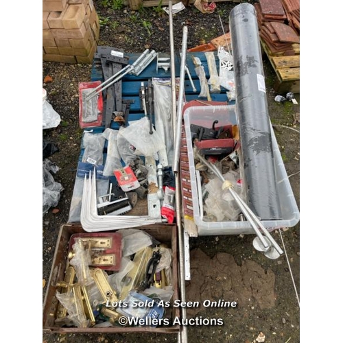 181 - LARGE QUANTITY OF ASSORTED IRONMONGERY INCL. DOOR FURNISHINGS, HINGES AND MORE