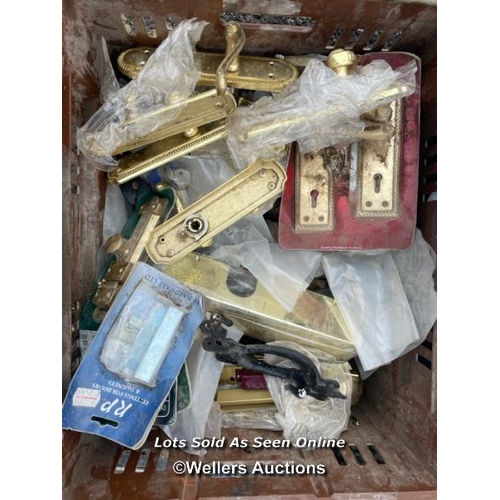 181 - LARGE QUANTITY OF ASSORTED IRONMONGERY INCL. DOOR FURNISHINGS, HINGES AND MORE