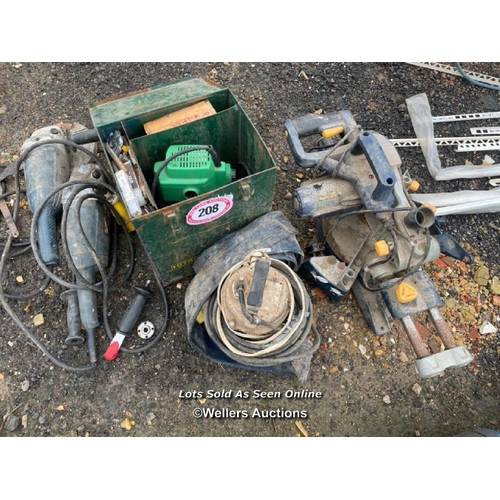 208 - SELECTION OF POWER TOOLS INCL. ROUTER, SUMBERSIBLE WATER PUMP, GRINDER AND CIRCULAR SAW