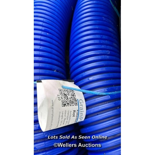 220 - 1X 25M ROLL OF BLUE 100MM FLEXIBLE WATER DUCT AND 1X ROLL OF 80MM PERFORATED COIL DRAIN