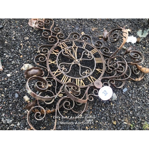 32 - WROUGHT IRON 6-LIGHT CLOCK FACED CANDELABRA, 85CM (H)