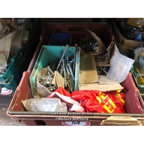 54 - CRATE FULL OF HARDWARE INC. HEAVY DUTY BOLTS, TOOTH CONNECTORS AND MORE