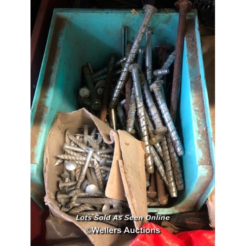 54 - CRATE FULL OF HARDWARE INC. HEAVY DUTY BOLTS, TOOTH CONNECTORS AND MORE