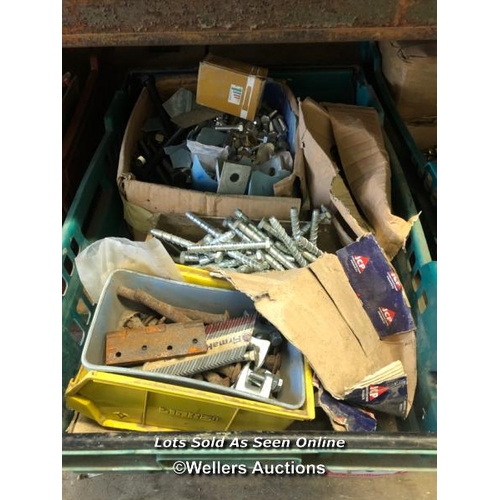 55 - CRATE FULL OF HARDWARE INC. LARGE QUANTITY BOLTS, BRACKETS, HINGES AND MORE