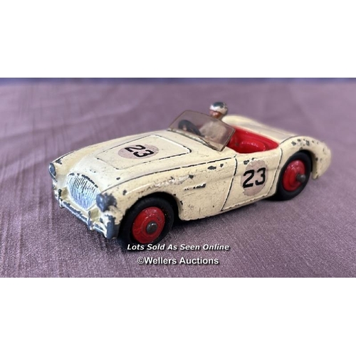 107 - THREE DINKY DIE CAST RACING CARS INCLUDING SUNBEAM ALPINE NO. 107, AUSTIN HEALEY NO. 109 AND ASTON M... 