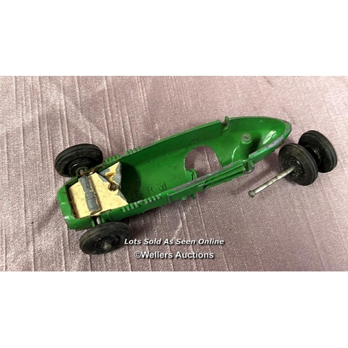 116 - TWO MODEL CARS INCLUDING BLUE RACING CAR FOR SCALEXTRIC AND GREEN RACING CAR FRAME ONLY (AS FOUND)