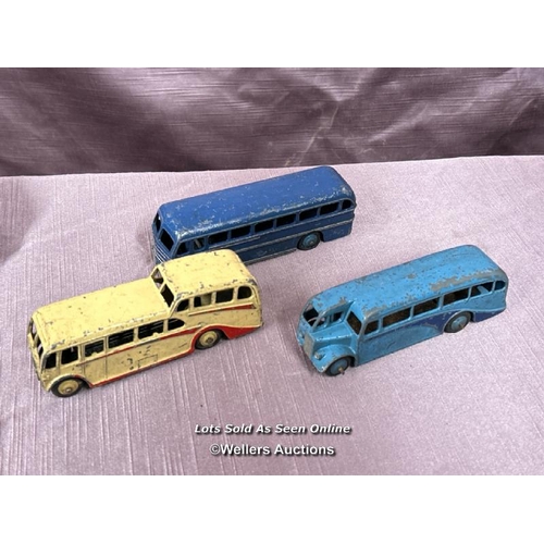 123 - THREE DINKY DIE CAST COACHES INCLUDING OBSERVATION COACH AND THE LEYLAND ROYAL TIGER