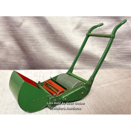 136 - DINKY SUPERTOYS GARDEN PUSHALONG LAWN MOWER WITH ROLLER, TOGETHER WITH A DINKY DIE CAST WHEELBARROW ... 