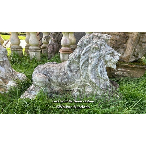 143 - PAIR OF COMPOSITION RECUMBENT LION STATUES, WEATHERED, 70 X 30 X 50CM,