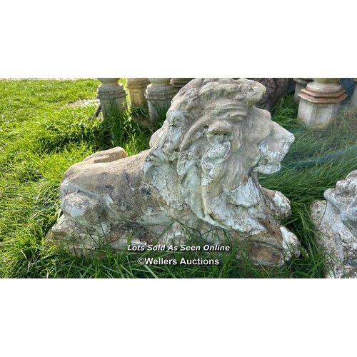 143 - PAIR OF COMPOSITION RECUMBENT LION STATUES, WEATHERED, 70 X 30 X 50CM,