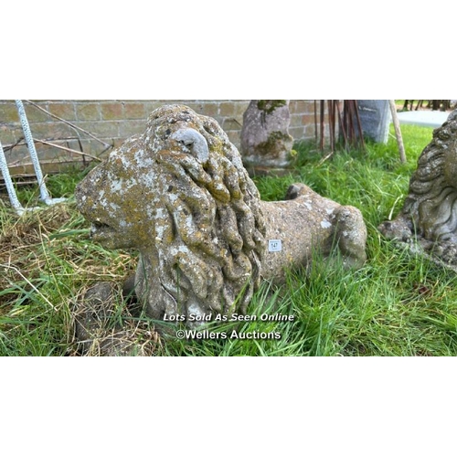 147 - PAIR OF COMPOSITION RECUMBENT LION STATUES, WEATHERED, 70 X 30 X 50CM