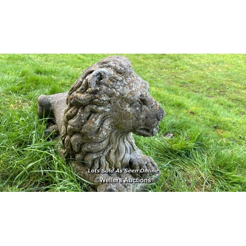 147 - PAIR OF COMPOSITION RECUMBENT LION STATUES, WEATHERED, 70 X 30 X 50CM