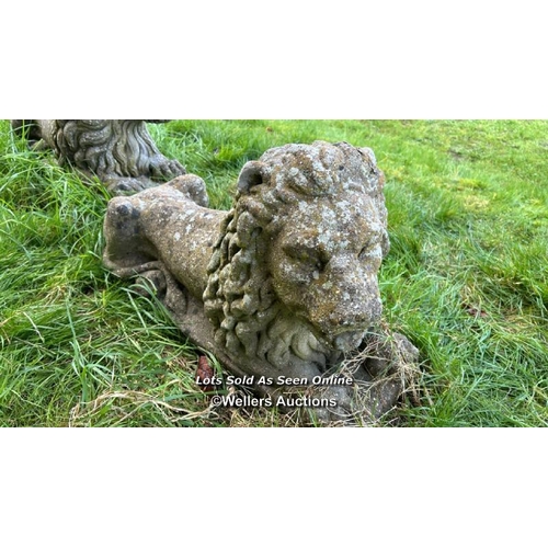 147 - PAIR OF COMPOSITION RECUMBENT LION STATUES, WEATHERED, 70 X 30 X 50CM