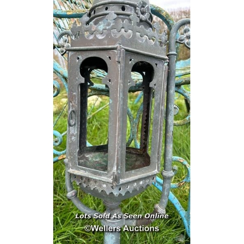 149 - GOTHIC BRONZE HEXAGONAL LANTERN, HEIGHT 73CM, THIS LOT IS LOCATED AWAY FROM THE AUCTION SITE, TO VIE... 